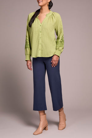 Tribal Fall 2025-2408O-8299-Long Sleeve Blouse W/Applique On Sleeve-Wasabi - The Coach Pyramids
