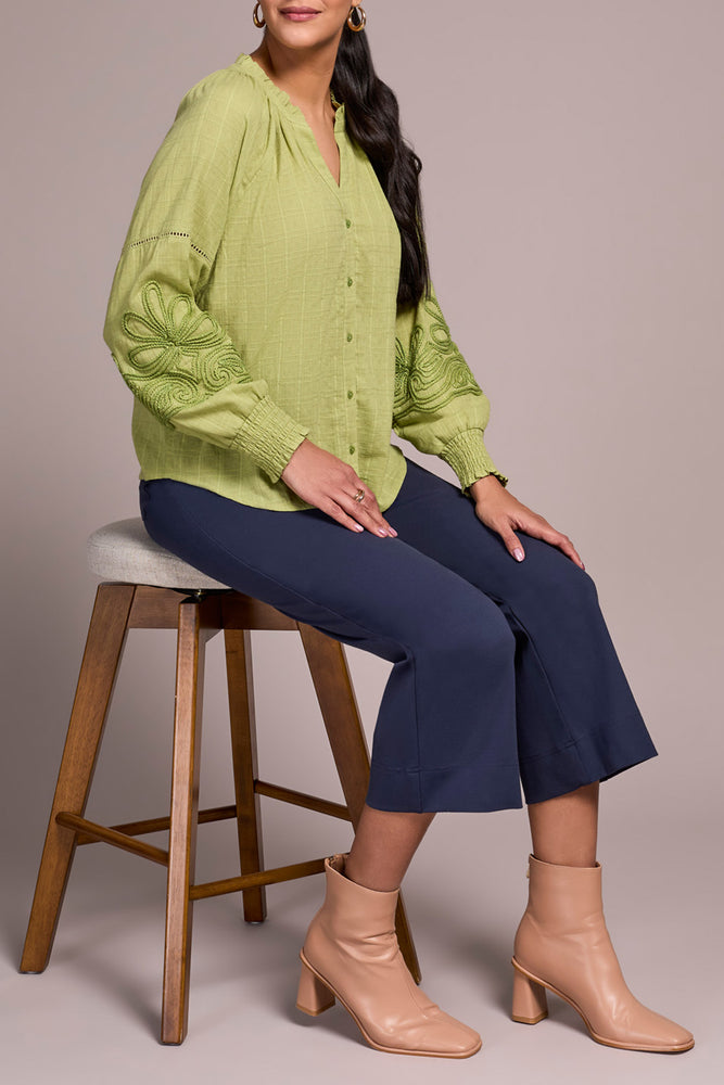 Tribal Fall 2025-2408O-8299-Long Sleeve Blouse W/Applique On Sleeve-Wasabi - The Coach Pyramids