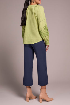 Tribal Fall 2025-2408O-8299-Long Sleeve Blouse W/Applique On Sleeve-Wasabi - The Coach Pyramids