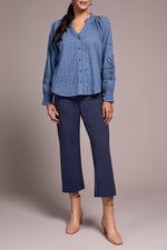 Tribal Fall 2025-2408O-8299-Long Sleeve Blouse W/Applique On Sleeve-Slate Blue - The Coach Pyramids