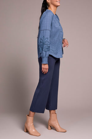 Tribal Fall 2025-2408O-8299-Long Sleeve Blouse W/Applique On Sleeve-Slate Blue - The Coach Pyramids