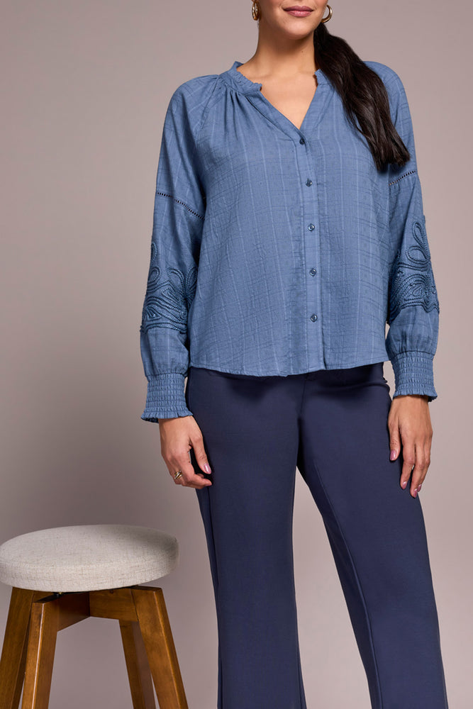 Tribal Fall 2025-2408O-8299-Long Sleeve Blouse W/Applique On Sleeve-Slate Blue - The Coach Pyramids