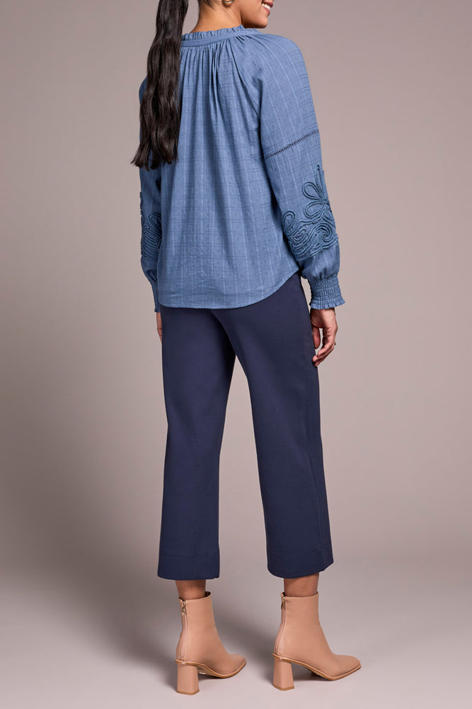 Tribal Fall 2025-2408O-8299-Long Sleeve Blouse W/Applique On Sleeve-Slate Blue - The Coach Pyramids