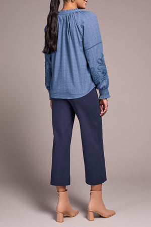 Tribal Fall 2025-2408O-8299-Long Sleeve Blouse W/Applique On Sleeve-Slate Blue - The Coach Pyramids