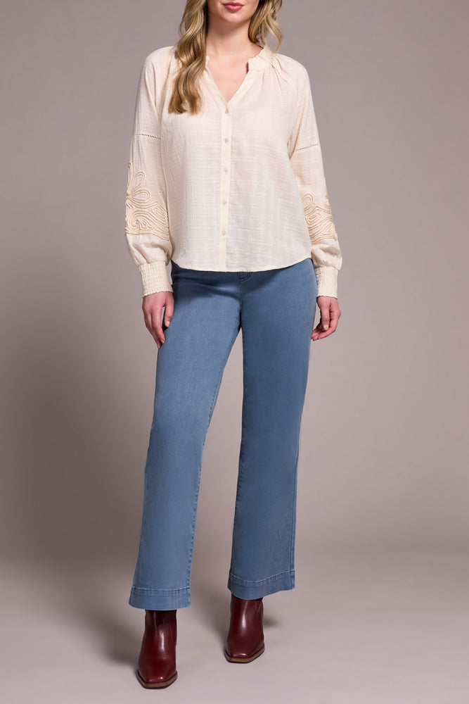 Tribal Fall 2025-2408O-8299-Long Sleeve Blouse W/Applique On Sleeve-Moon Stone - The Coach Pyramids