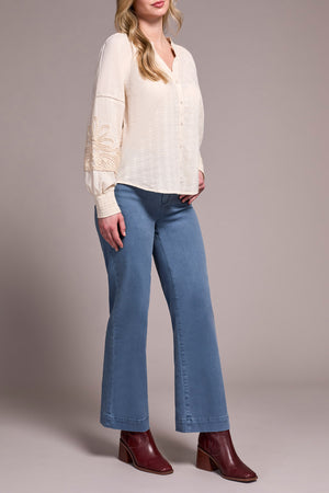 Tribal Fall 2025-2408O-8299-Long Sleeve Blouse W/Applique On Sleeve-Moon Stone - The Coach Pyramids