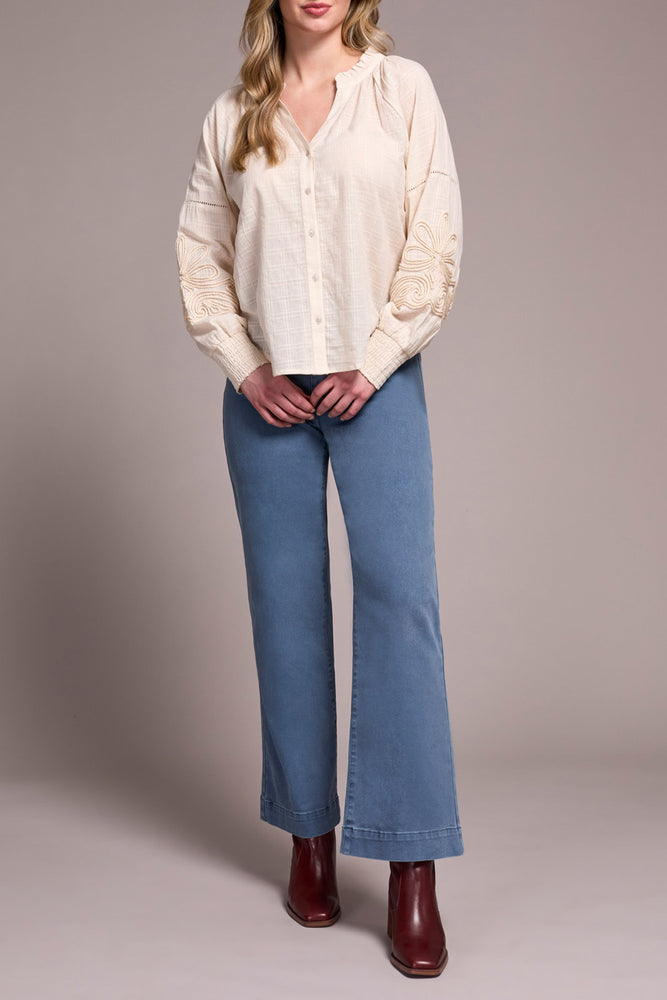 Tribal Fall 2025-2408O-8299-Long Sleeve Blouse W/Applique On Sleeve-Moon Stone - The Coach Pyramids