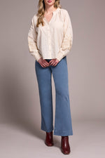Tribal Fall 2025-2408O-8299-Long Sleeve Blouse W/Applique On Sleeve-Moon Stone - The Coach Pyramids