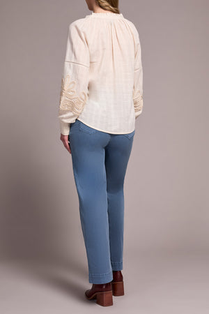 Tribal Fall 2025-2408O-8299-Long Sleeve Blouse W/Applique On Sleeve-Moon Stone - The Coach Pyramids