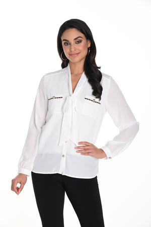 Frank Lyman Fall 2024-243454U-Woven Blouse-White - The Coach Pyramids