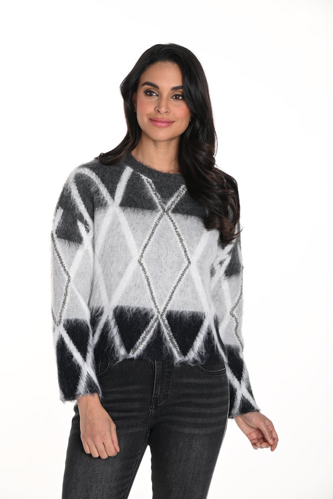 Frank Lyman Fall 2024-243473U-Knit Top-Grey/Black - The Coach Pyramids