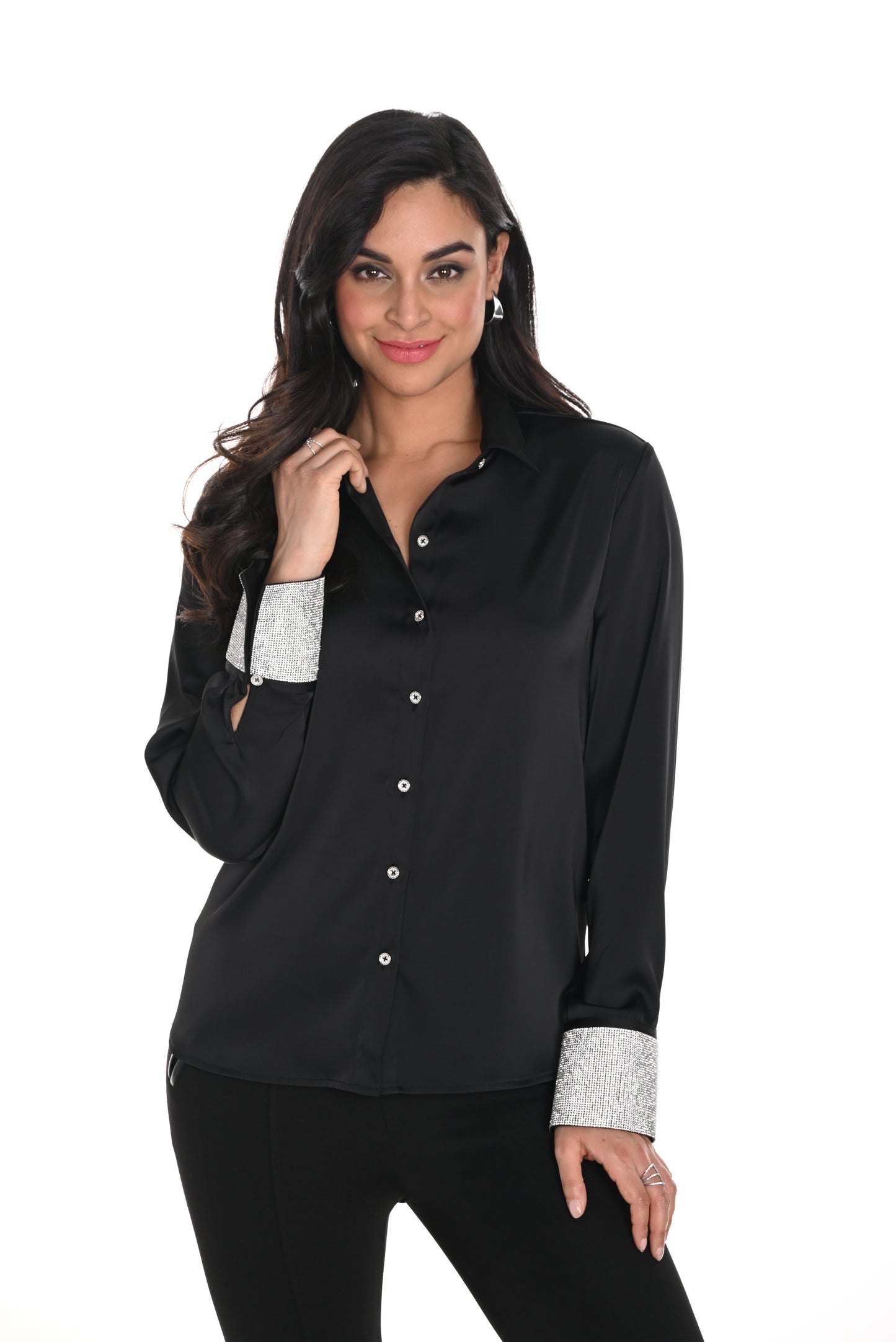 Frank Lyman Fall 2024-244602U-Woven Blouse-Black/Silver - The Coach Pyramids