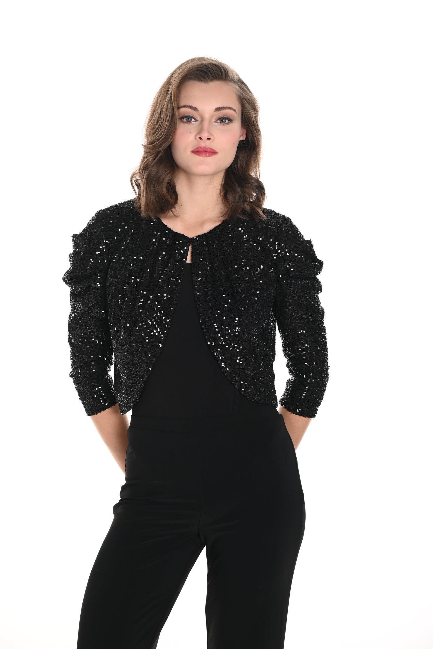 Frank Lyman Fall 2024-244660U-Knit Bolero-Black - The Coach Pyramids