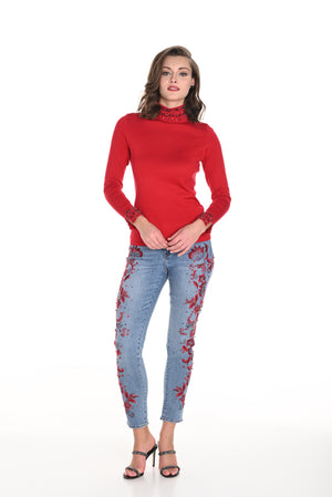 Frank Lyman Fall 2024-244668U-Denim Pant-Light Blue/Red