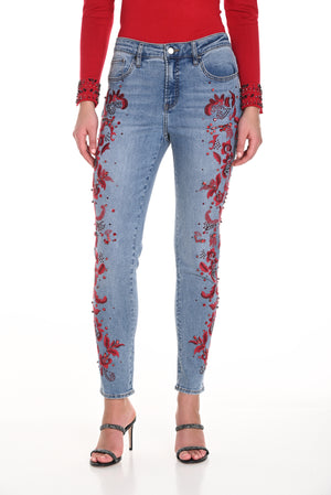 Frank Lyman Fall 2024-244668U-Denim Pant-Light Blue/Red