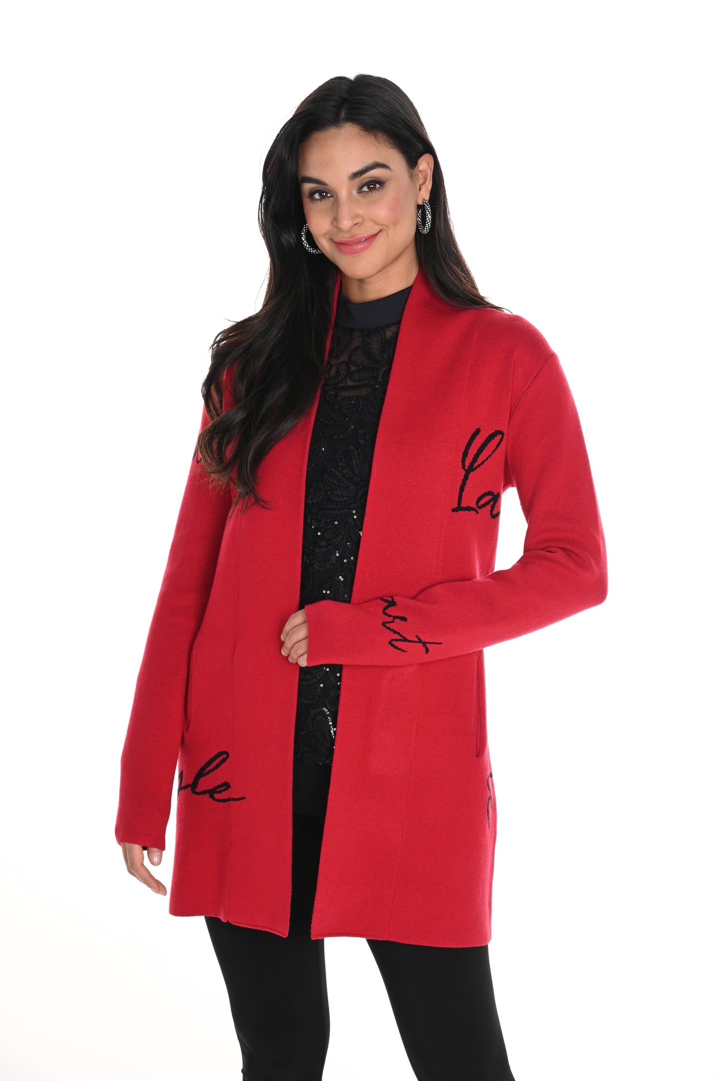 Frank Lyman Fall 2024-244697U-Knit Throw Over-Red/Black - The Coach Pyramids