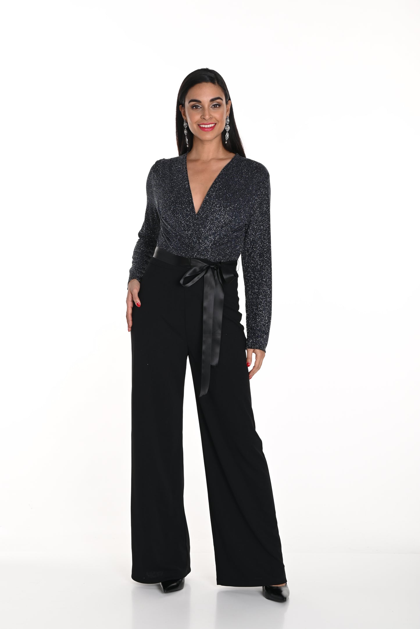 Frank Lyman Fall 2024-249269-Knit Jumpsuit-Black/Teal - The Coach Pyramids