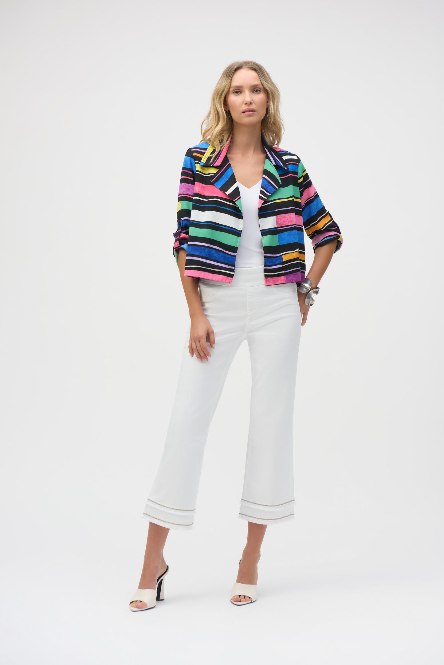 Joseph Ribkoff Summer 2025-252215- Black/Multi Striped Puff Sleeve Blazer Style - The Coach Pyramids