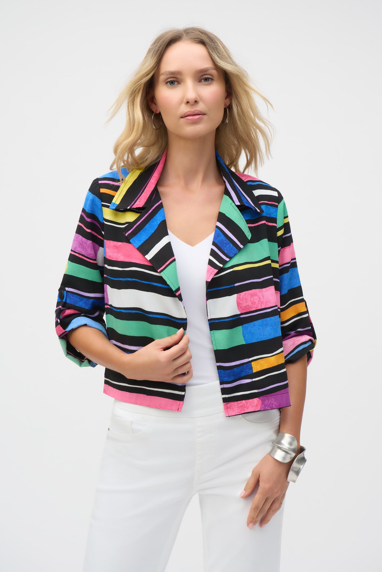Joseph Ribkoff Summer 2025-252215- Black/Multi Striped Puff Sleeve Blazer Style - The Coach Pyramids