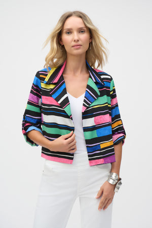 Joseph Ribkoff Summer 2025-252215- Black/Multi Striped Puff Sleeve Blazer Style