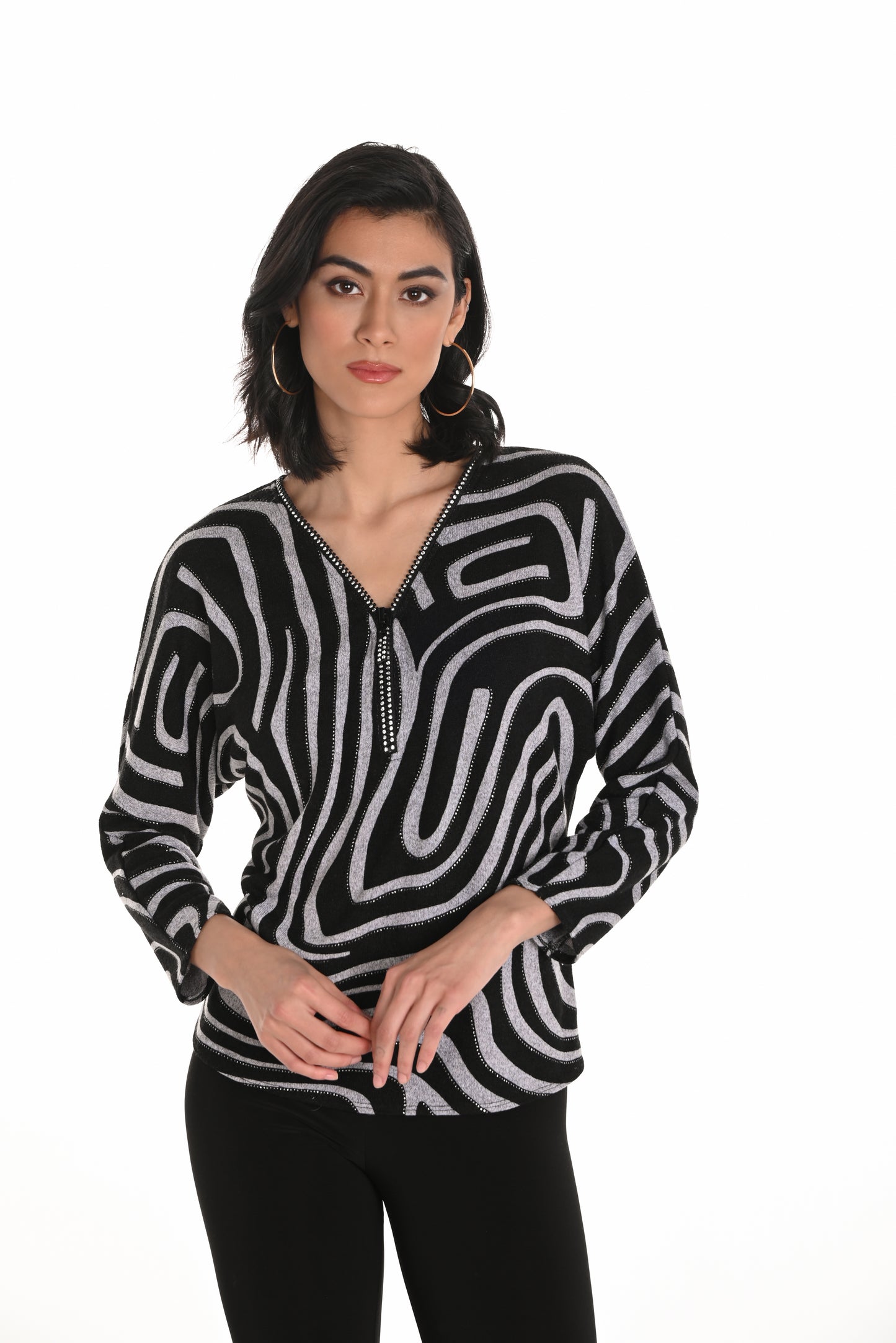 Frank Lyman Fall 2025-253177-1020-Knit Top-Black/Grey - The Coach Pyramids