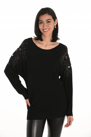 Frank Lyman Fall 2025-253740-100-Knit Top-Black - The Coach Pyramids