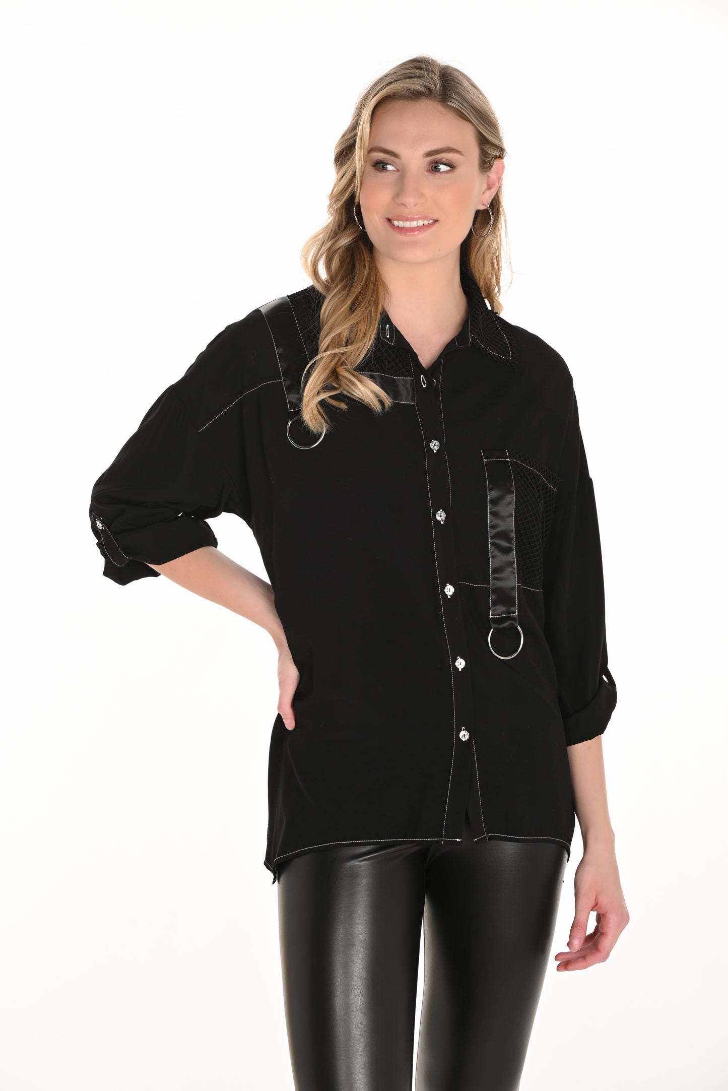 Frank Lyman Fall 2025-253747-100-Woven Top-Black - The Coach Pyramids