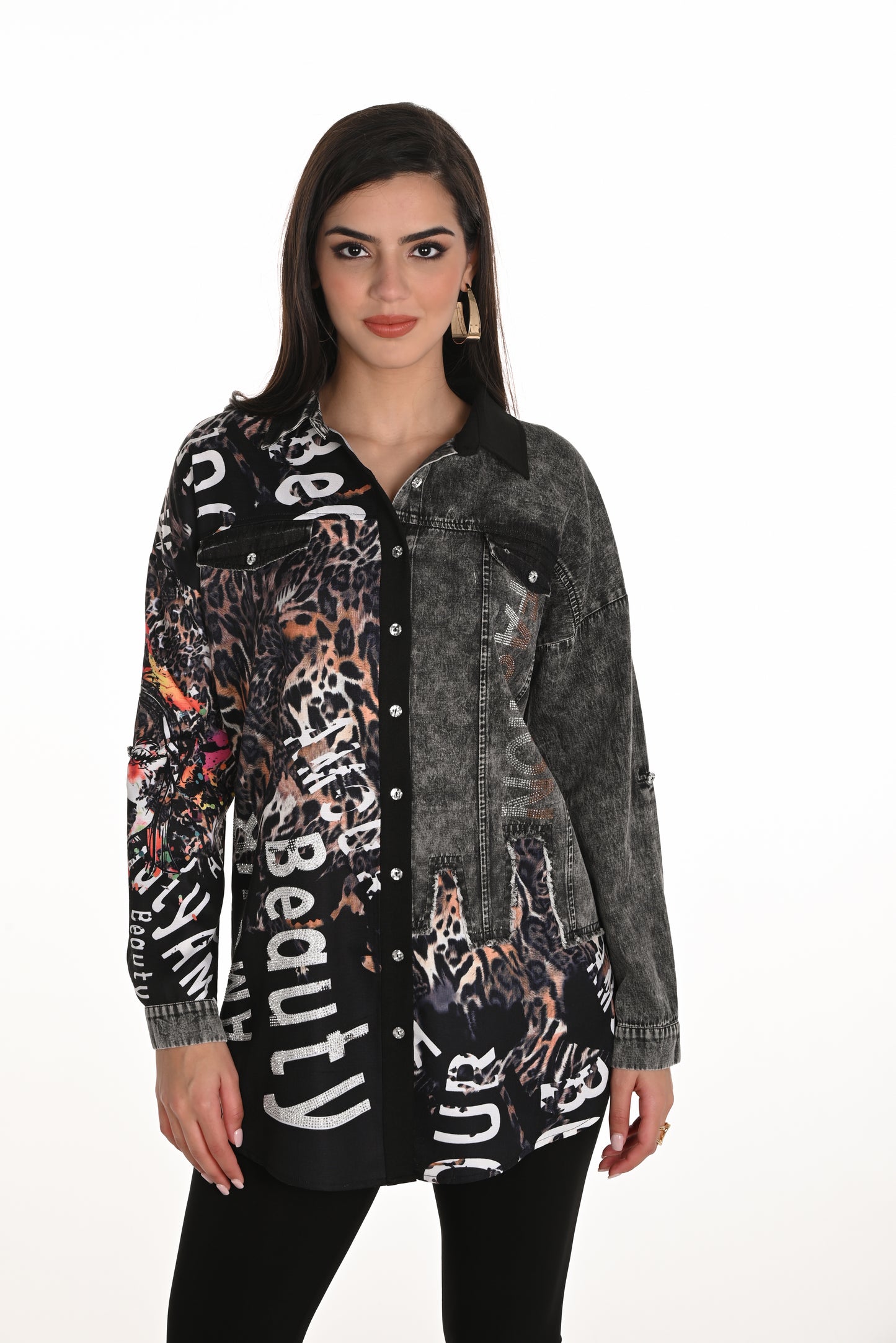 Frank Lyman Fall 2025-253749-1143-Woven Top-Black/Cheetah - The Coach Pyramids