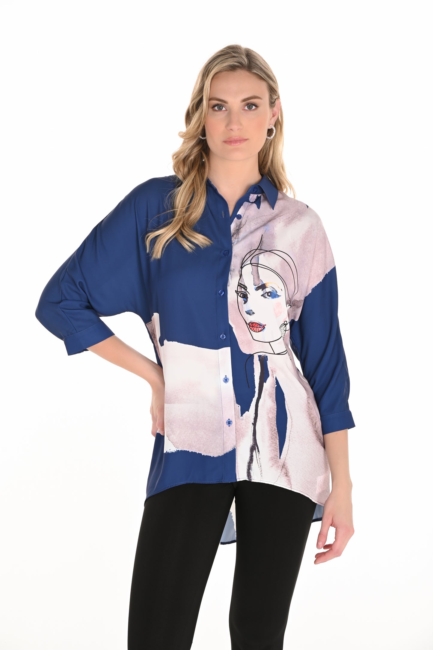 Frank Lyman Fall 2025-253751-3143-Woven Top-Indigo/Mauve - The Coach Pyramids