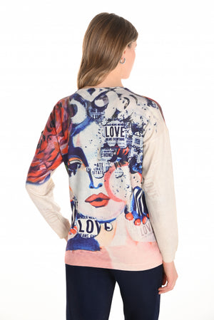 Frank Lyman Fall 2025-253816-9043-Knit Top-Beige/Blue - The Coach Pyramids