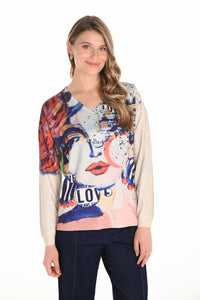 Frank Lyman Fall 2025-253816-9043-Knit Top-Beige/Blue - The Coach Pyramids