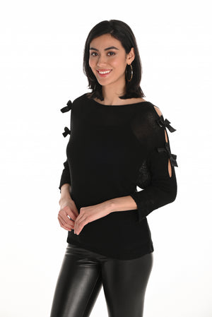 Frank Lyman Fall 2025-253860-100-Knit Top-Black - The Coach Pyramids
