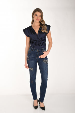 Frank Lyman Fall 2025-253863-305-Woven Denim Pant-Blue - The Coach Pyramids