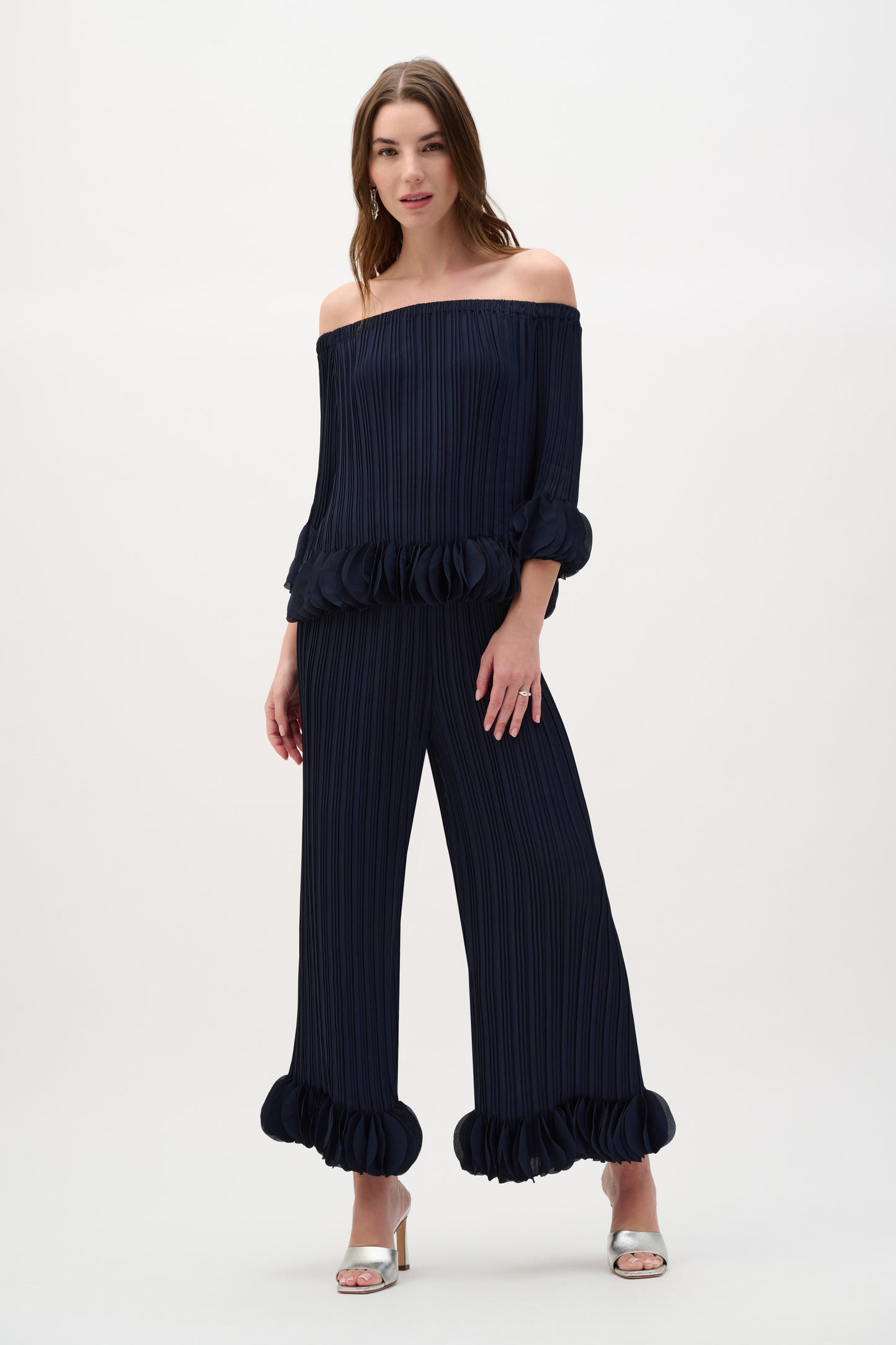 Joseph Ribkoff-253939S26-2166 Midnight - Georgette Off Shoulder Pleated Top - The Coach Pyramids
