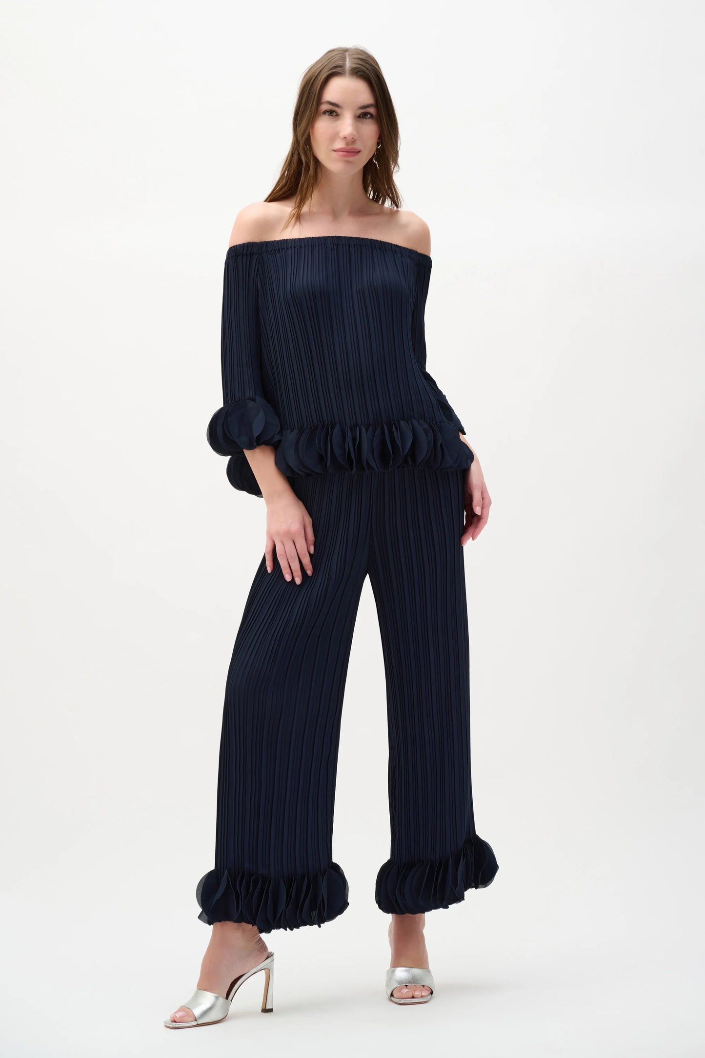 Joseph Ribkoff-253940S26-2166 Midnight - Georgette Wide Leg Pleated Pants - The Coach Pyramids