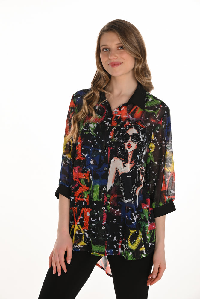 Frank Lyman Fall 2025-254932-1067-Woven Blouse-Black/Multi