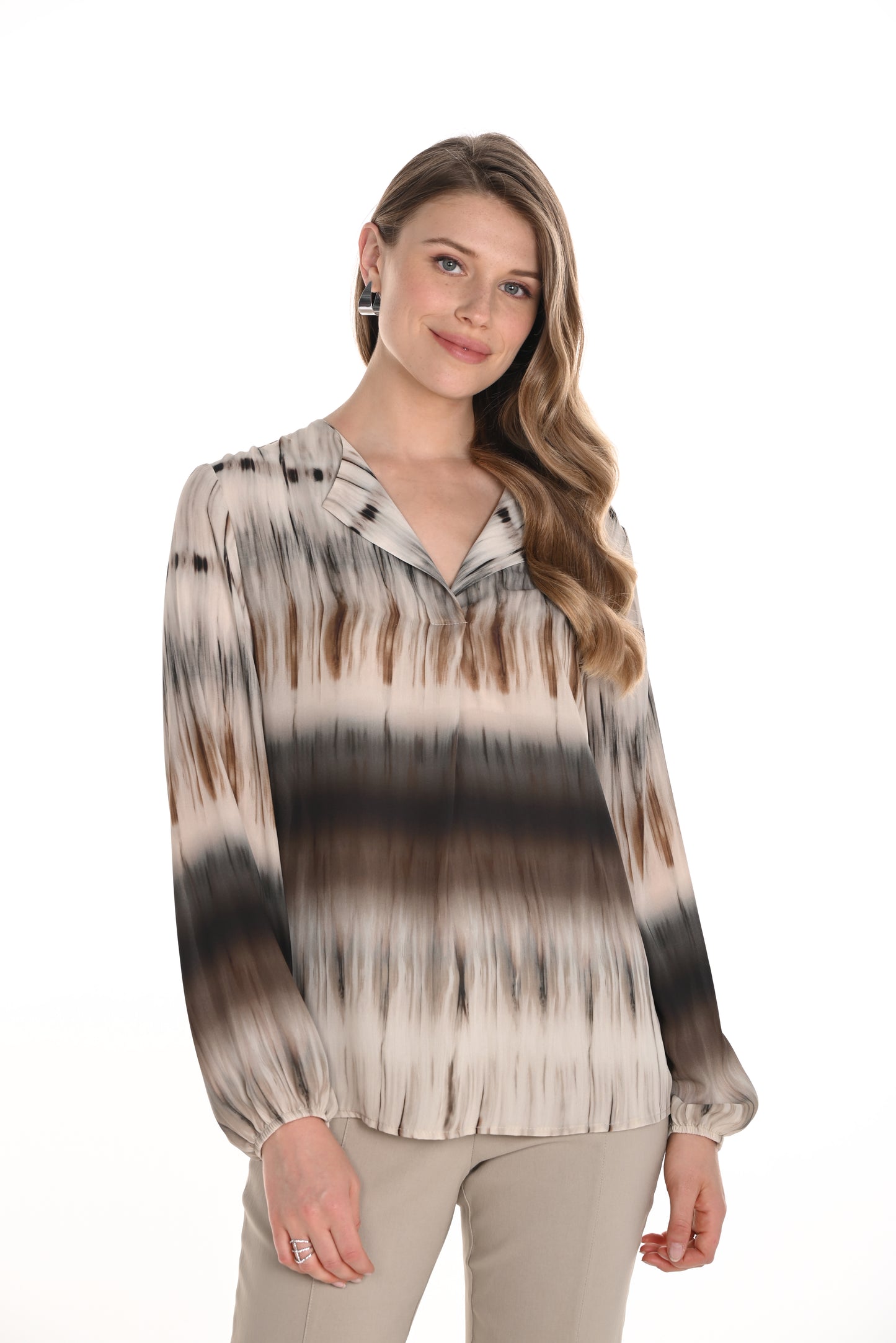 Frank Lyman Spring 2025-256107-9009-Woven Top-Beige/Brown - The Coach Pyramids