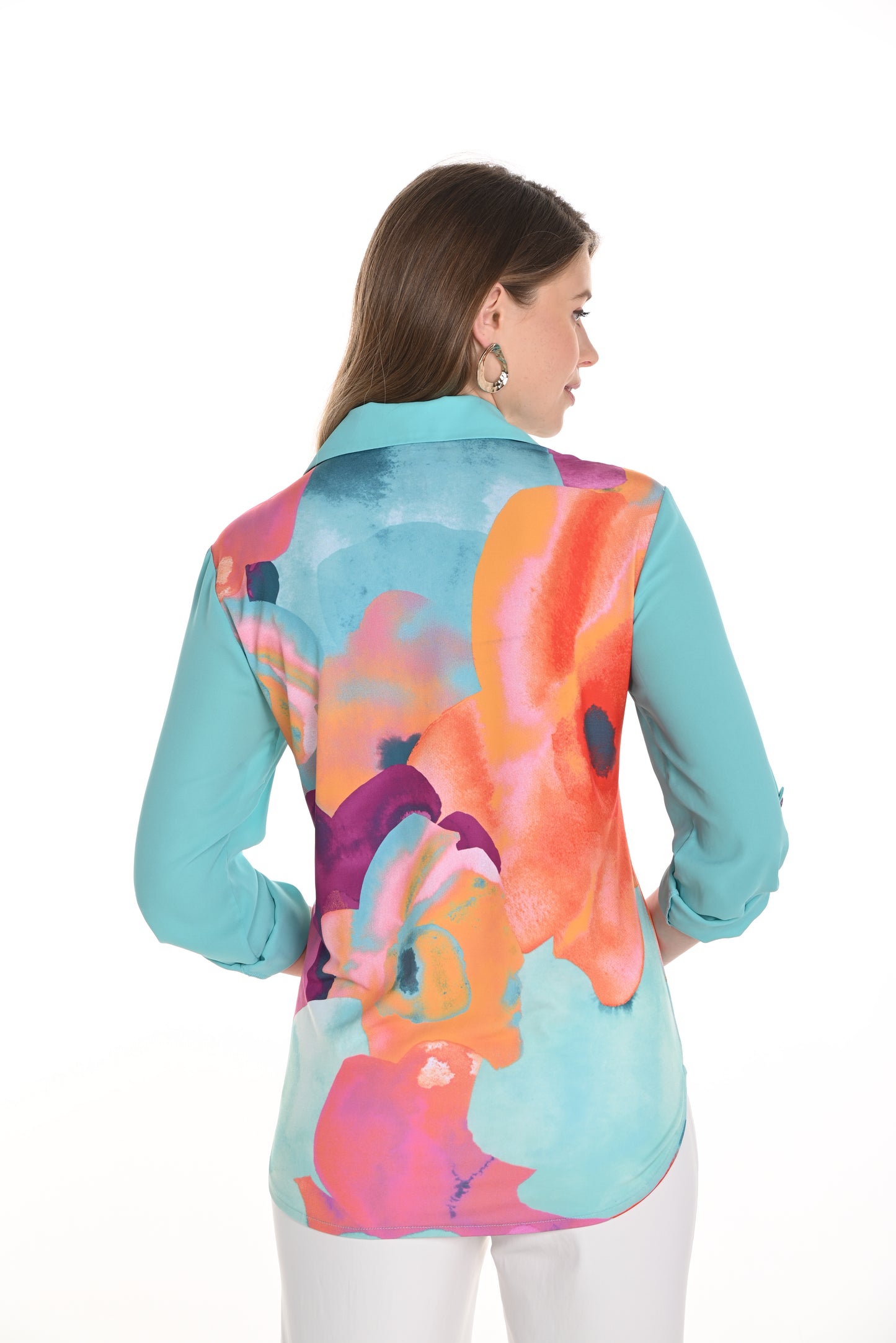 Frank Lyman Spring 2025-256371-3108-Knit Blouse-Aqua/Orange - The Coach Pyramids