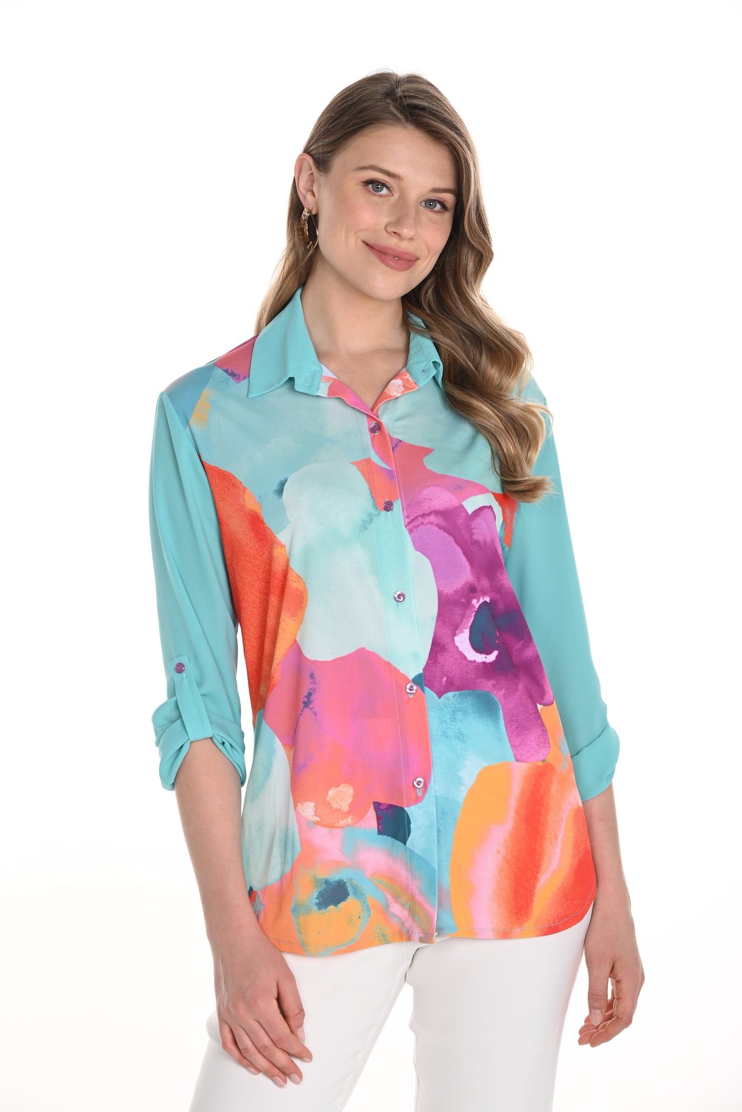Frank Lyman Spring 2025-256371-3108-Knit Blouse-Aqua/Orange - The Coach Pyramids
