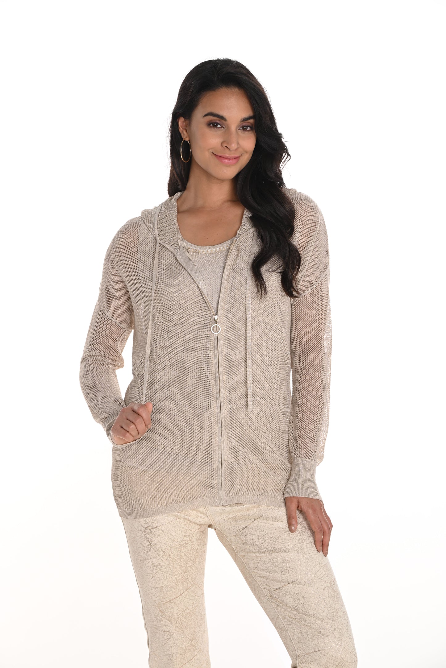 Frank Lyman Spring 2025-256709U-901-Knit Cardigan-Beige - The Coach Pyramids