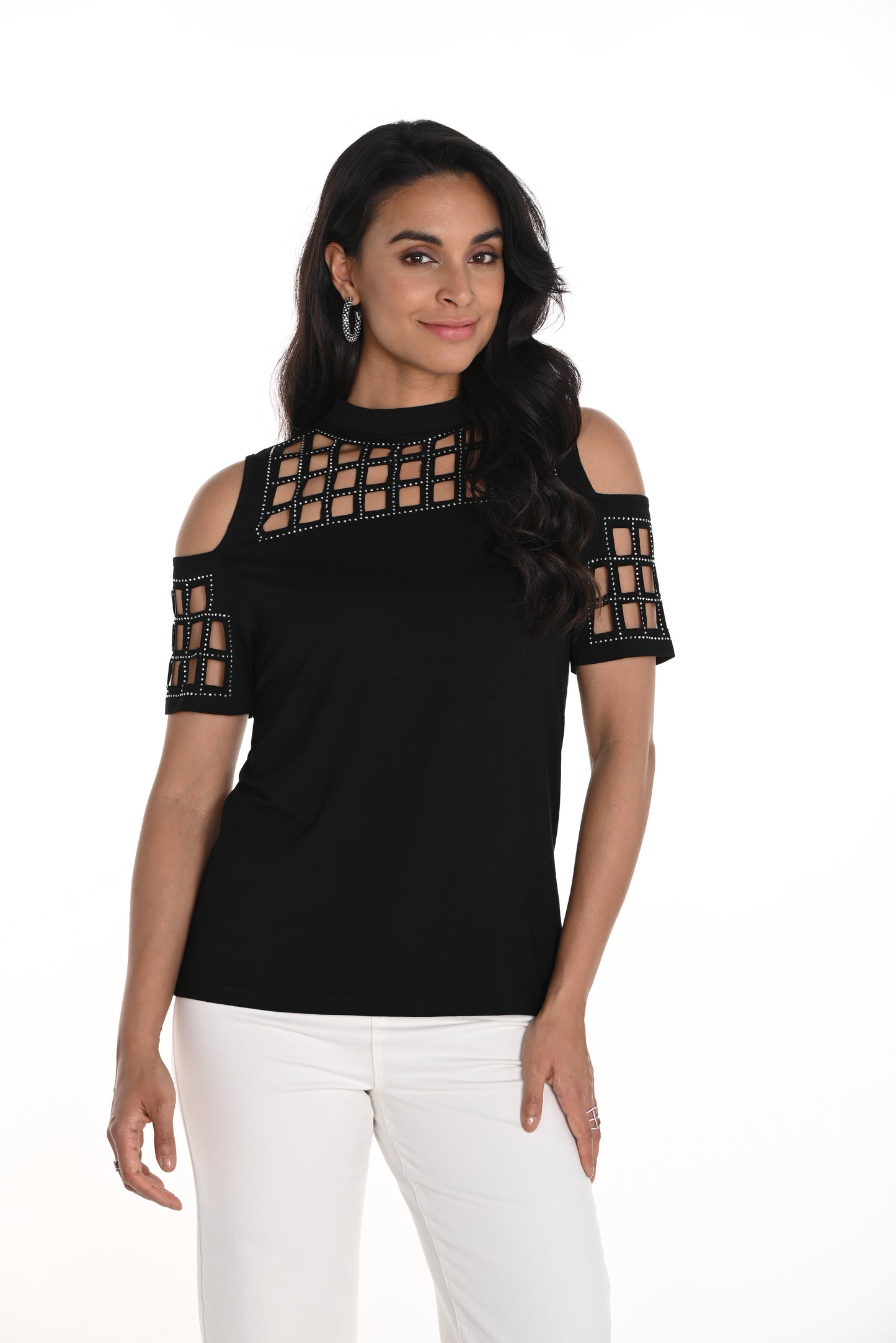 Frank Lyman Spring 2025-256711U-100-Knit Top-Black - The Coach Pyramids