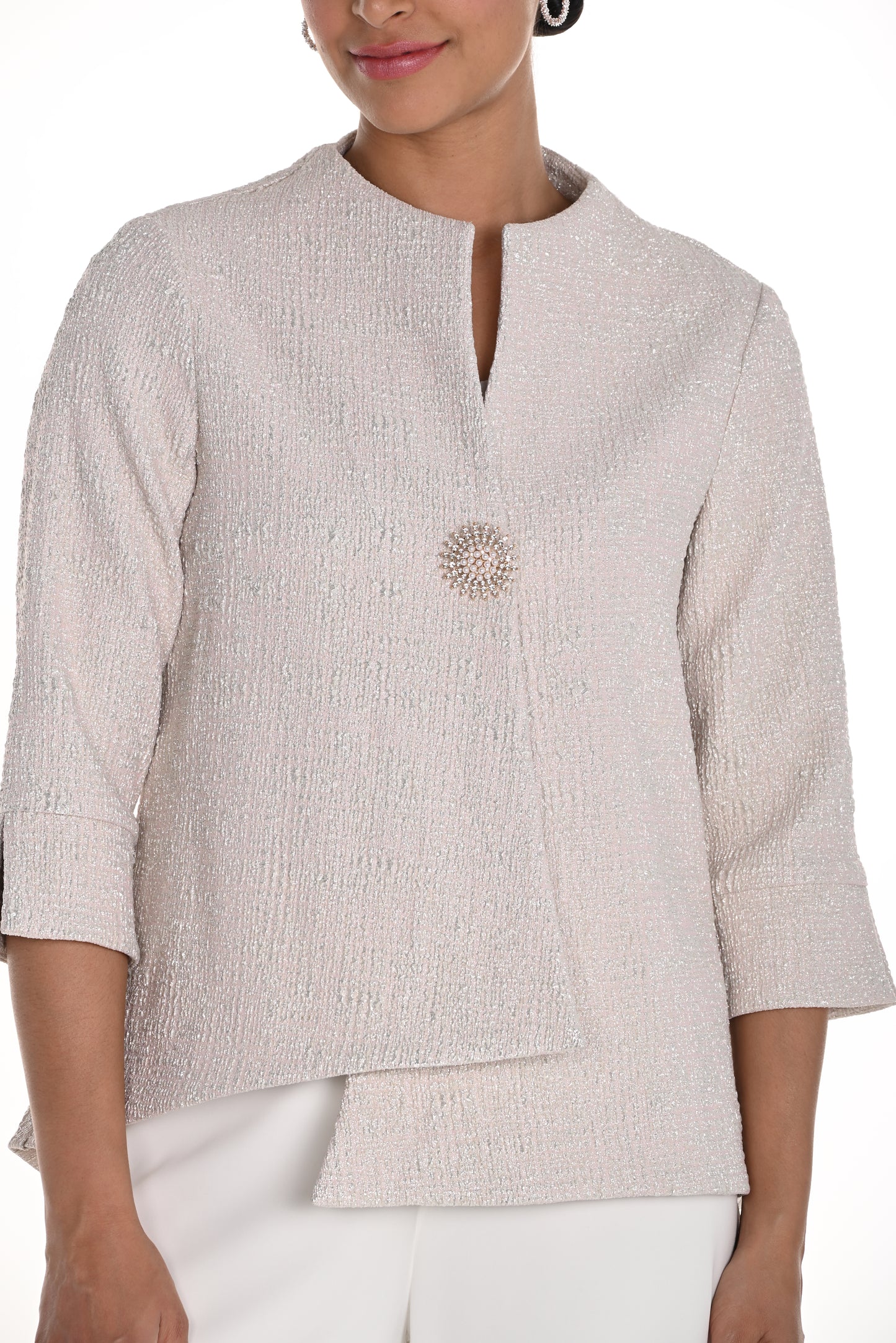 Frank Lyman Spring 2025-258185-848-Woven Jacket-Pink/Gold - The Coach Pyramids