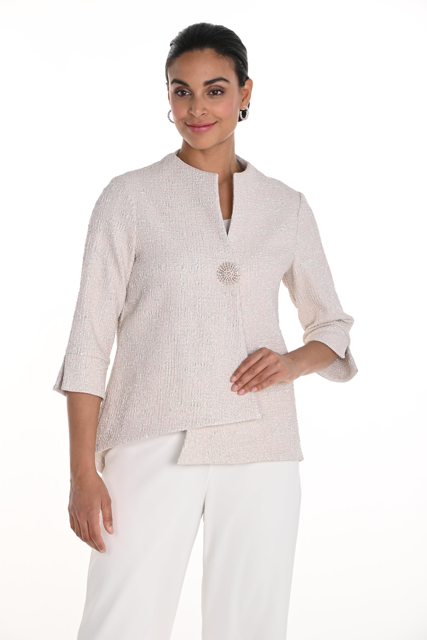 Frank Lyman Spring 2025-258185-848-Woven Jacket-Pink/Gold - The Coach Pyramids