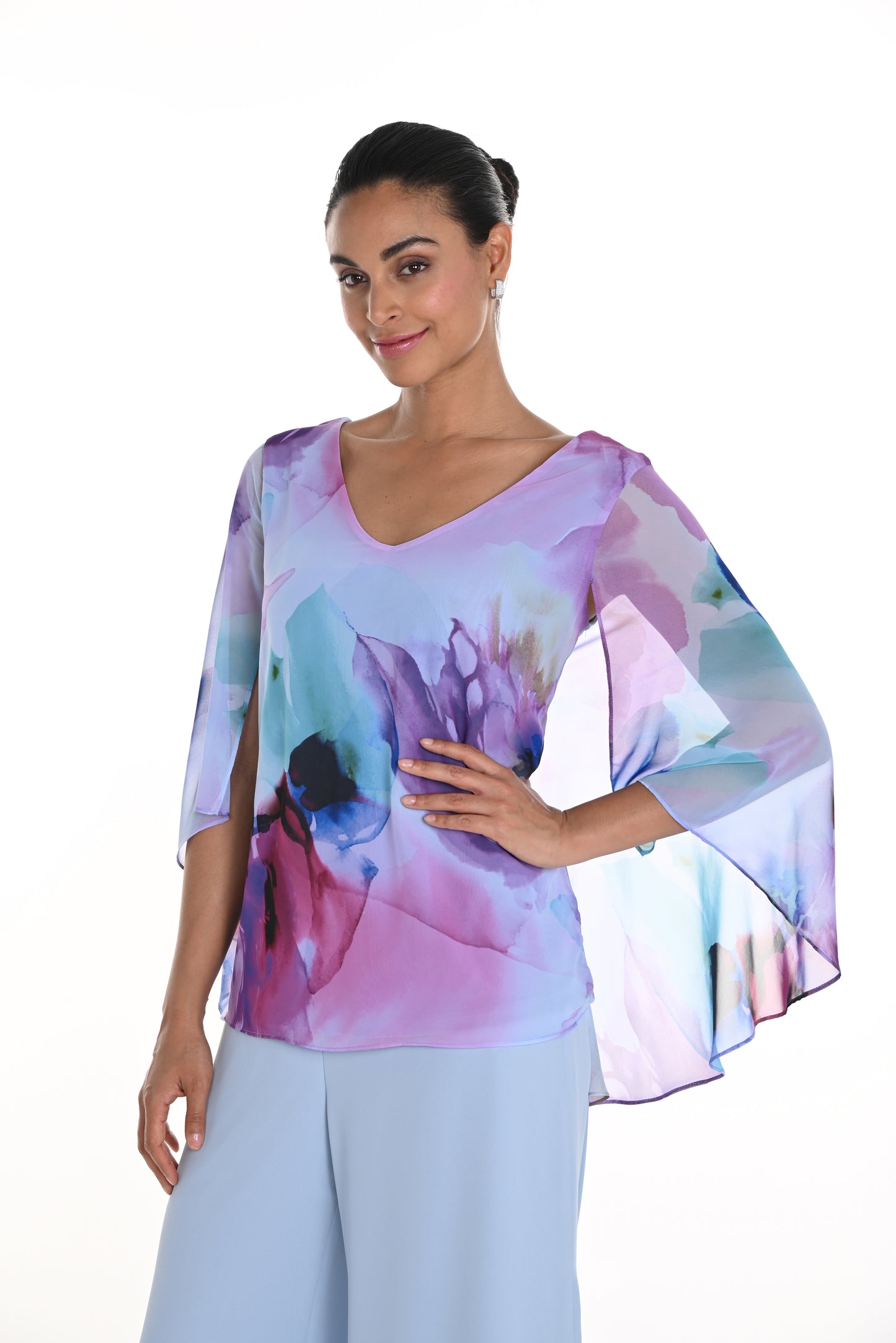 Frank Lyman Spring 2025-258190-3131-Woven Top-Blue/Purple - The Coach Pyramids