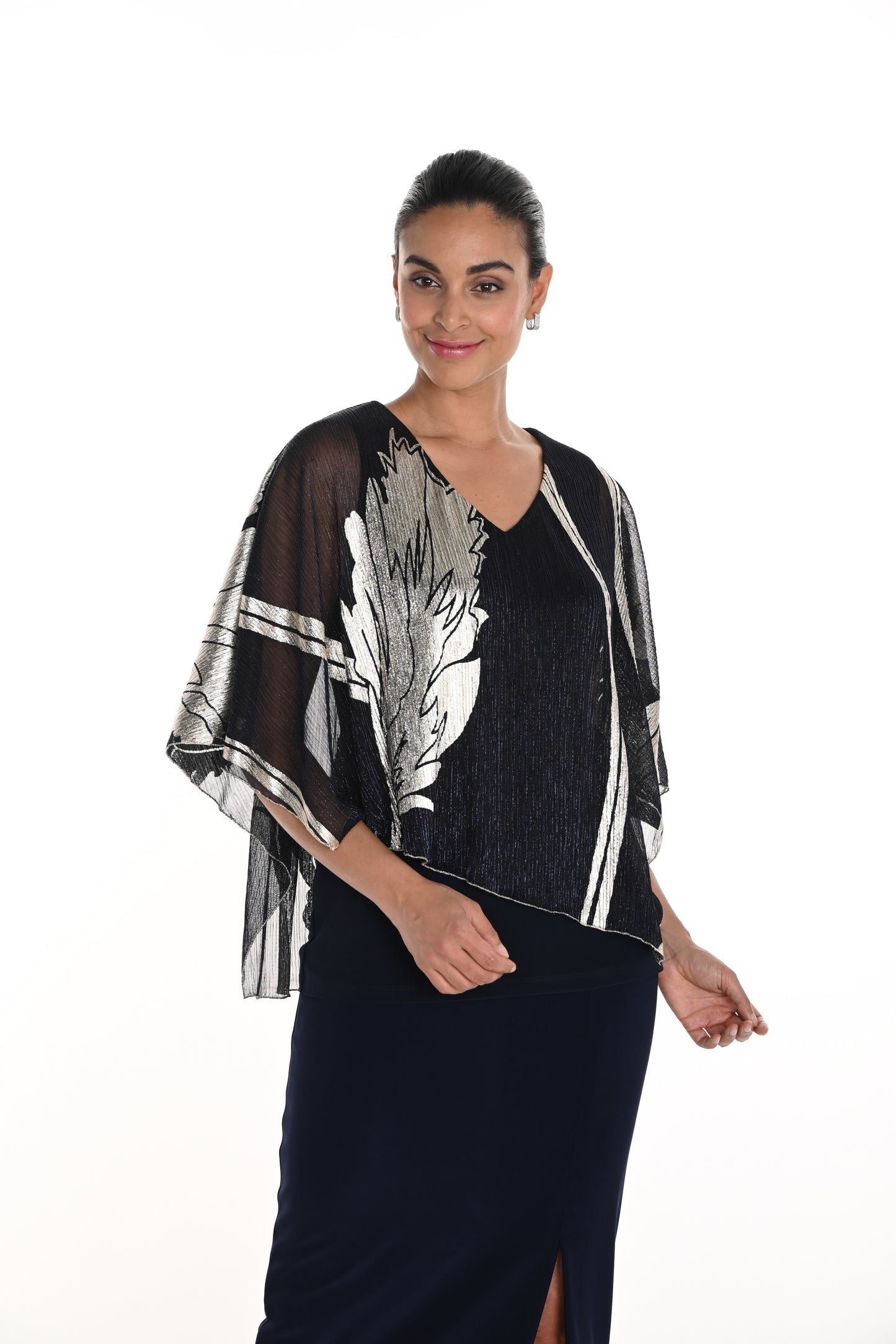 Frank Lyman Spring 2025-258225-3001-Knit Top-Navy/Gold - The Coach Pyramids
