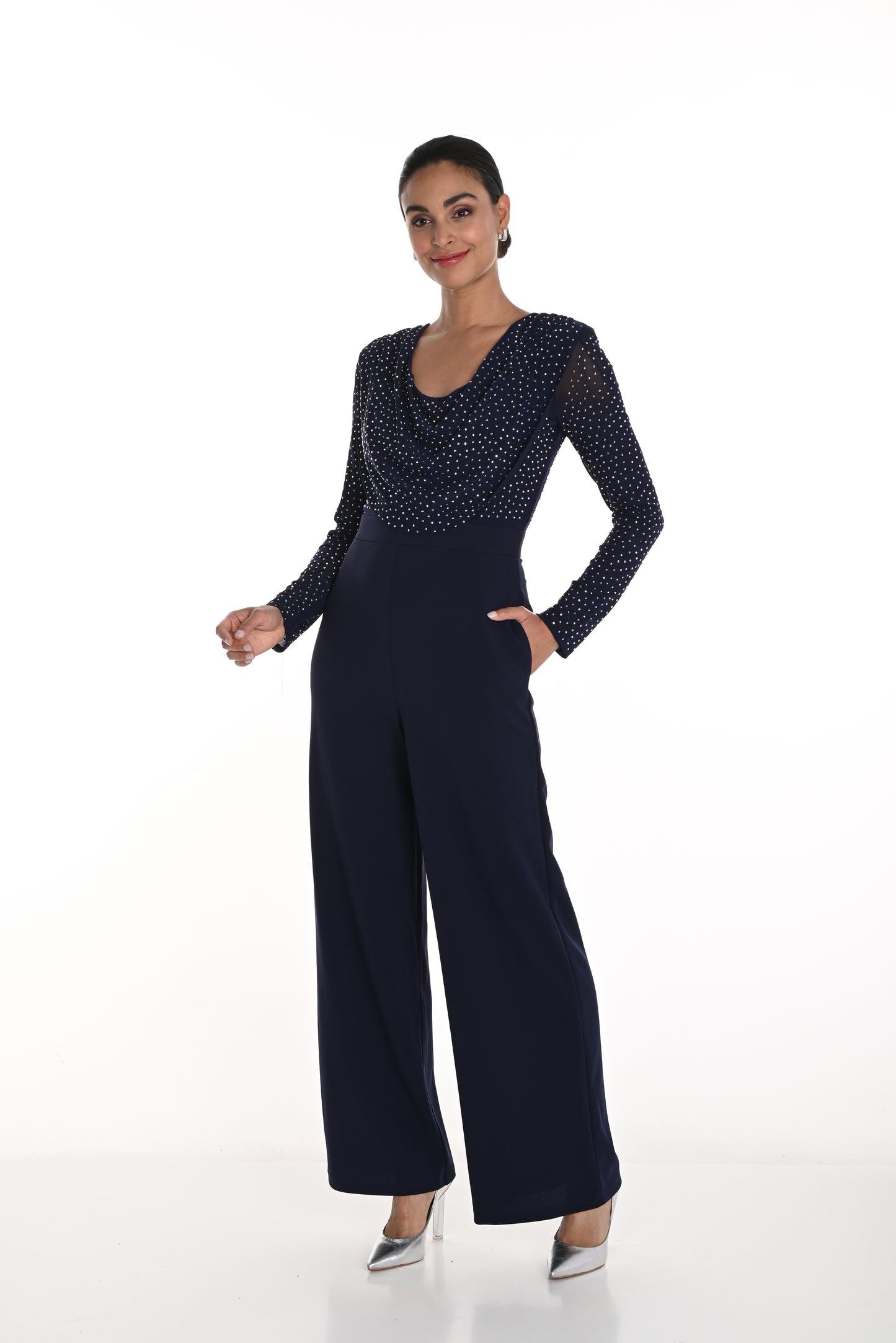 Frank Lyman Spring 2025-258721U-302-Knit Jumpsuit-Navy - The Coach Pyramids