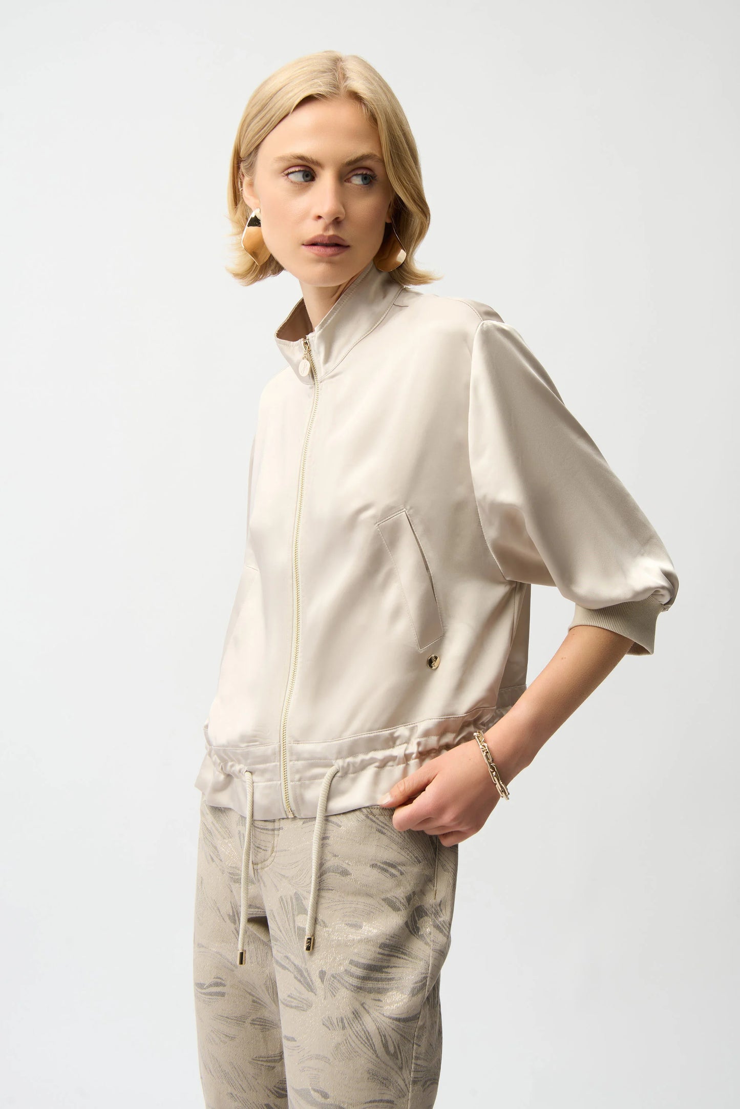 Joseph Ribkoff-261913-Satin Boxy Blouson Jacket With Drawstring Hem - The Coach Pyramids