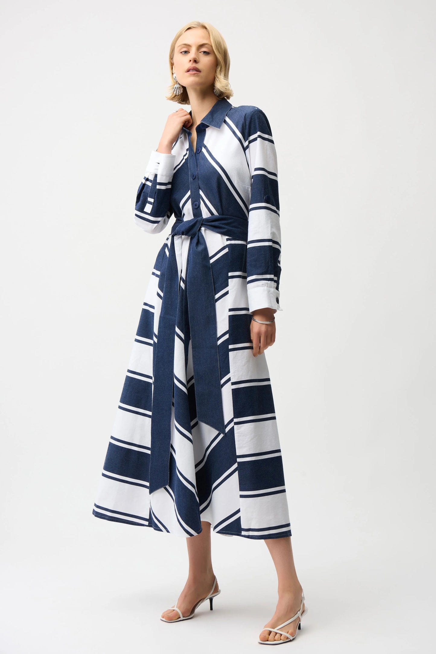 Joseph Ribkoff-261936 Cotton Stripe Print Fit and Flare Shirt Dress with Reversible Sash - The Coach Pyramids