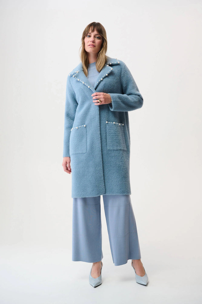 Joseph Ribkoff Spring 2026 - Feather Yarn Sweater Coat with Pearl Trim - 261997 - Chambray