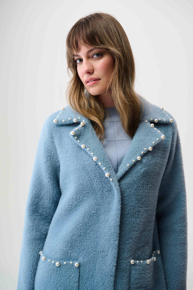 Joseph Ribkoff Spring 2026 - Feather Yarn Sweater Coat with Pearl Trim - 261997 - Chambray